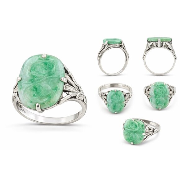 925 Sterling Silver Ring Carved Green Jade Jadeite Cabochon Vintage Filigree
